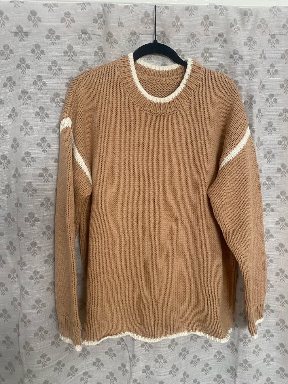 Casual Crewneck Sweater in Camel with Cream Trim